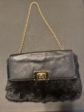 Michael Kors Sloan Black Leather and Fur Shoulder Bag with Gold Chain